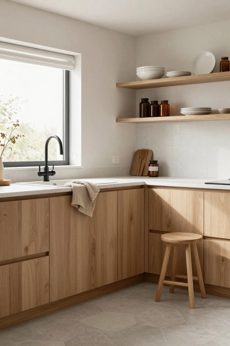 Corner of a modern kitchen featuring light oak cabinets, white countertop and sink, black faucet, open wooden shelves with white dishes and glass jars, wooden cutting board, beige dish towel, and a wooden stool on hexagonal tile floor.