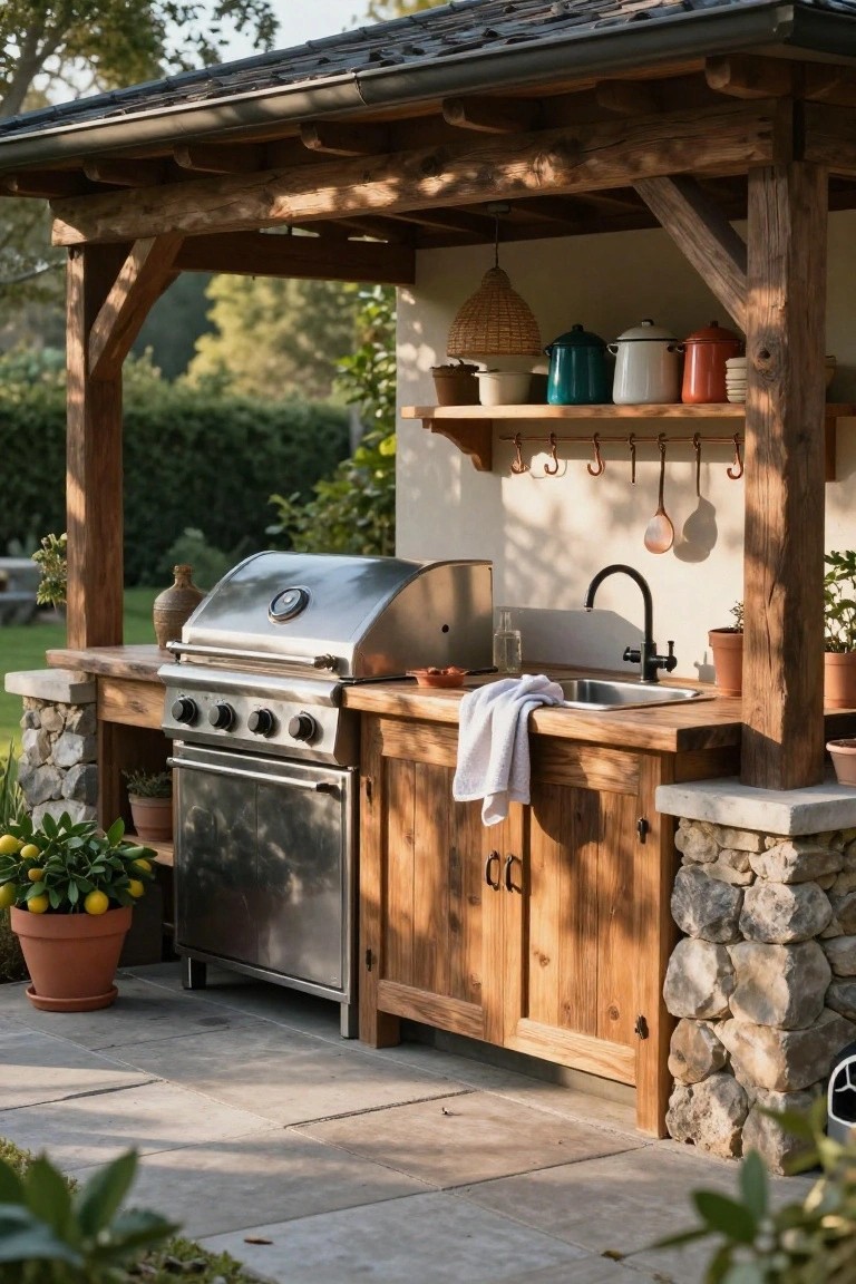 Wooden pergola covering an outdoor kitchen with stainless steel grill, sink, wooden cabinets on stone bases, hanging pots, and potted plants nearby.