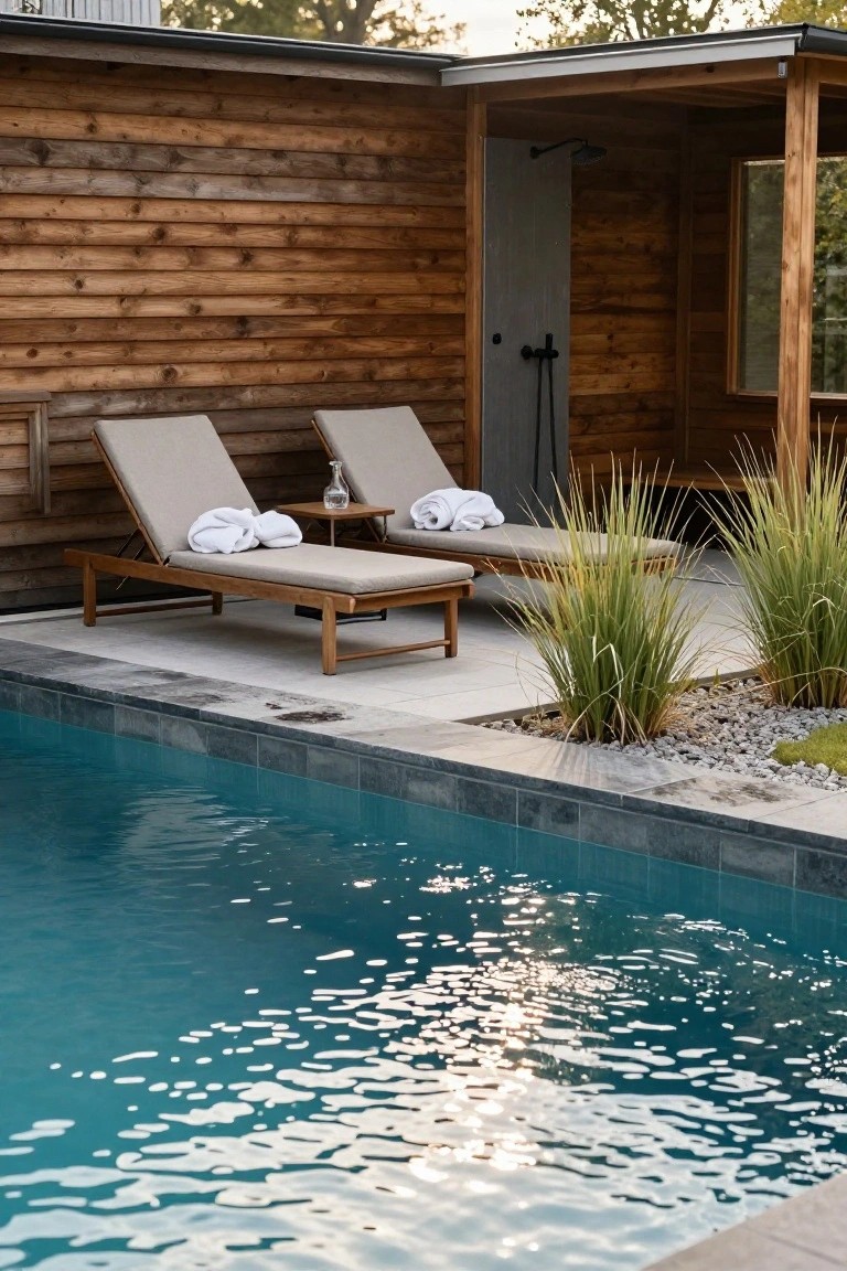 Two beige loungers with white towels on a wooden side table next to an outdoor shower on a cedar wall, beside a turquoise pool edged in dark tiles.