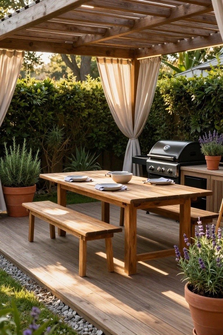 Wooden pergola sheltering a rectangular dining table and benches on a deck, with sheer curtains on sides, potted plants, a black grill on a counter, and greenery backdrop.
