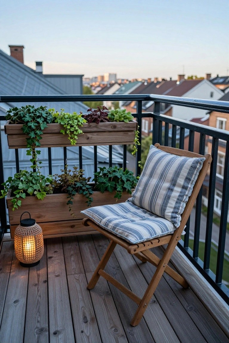 Wooden balcony deck with two stacked rectangular planters mounted on black railing and filled with green trailing plants, a folding wooden chair with striped cushions beside a lit rattan lantern, overlooking rooftops at dusk.