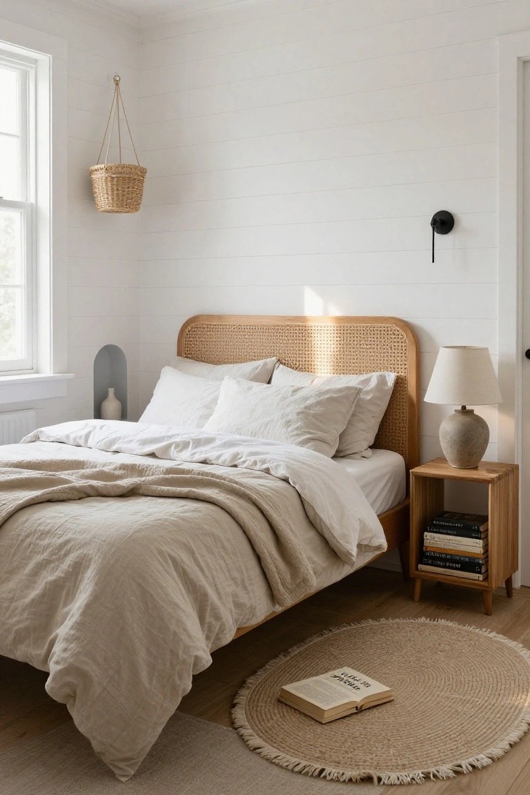Bedroom with rattan headboard bed draped in white and beige linens, wooden nightstand holding books and lamp, open book on seagrass rug, white shiplap walls, hanging basket, and window light.