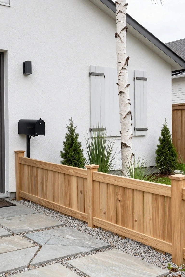 Side exterior of a white stucco house featuring a light brown vertical wooden fence, tall birch tree, small fir trees, yucca plants, black mailbox on metal post, and irregular gray stone paver pathway to the entry door.