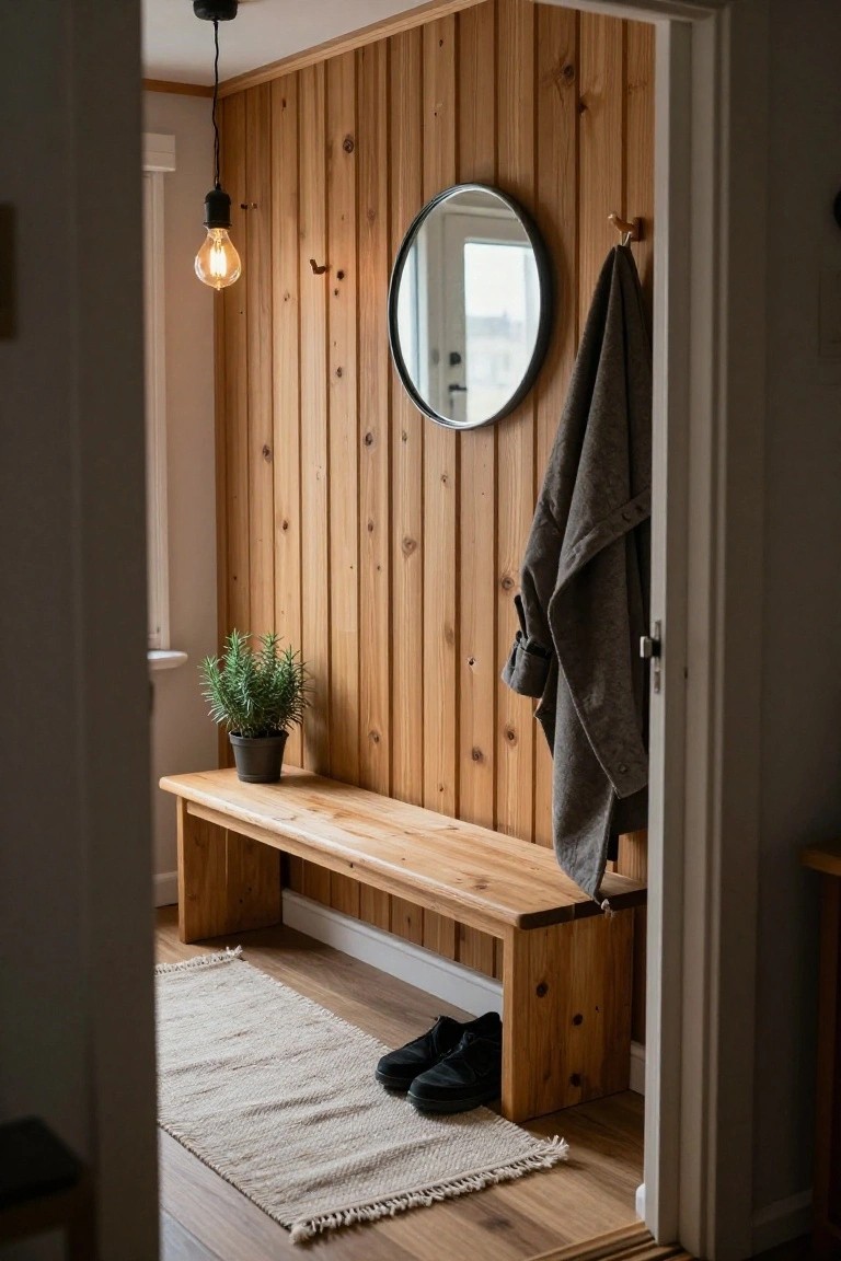 Wood-paneled entryway interior with a long wooden bench against the wall, round mirror, wooden hooks holding a gray towel and jacket, potted rosemary plant, white fringed rug, and black shoes beside the bench.