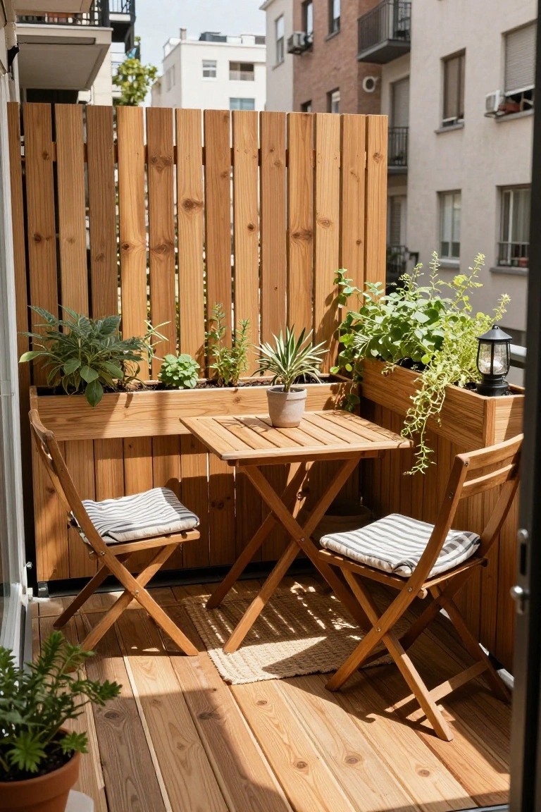 Small balcony enclosed by vertical timber slat privacy screens with integrated wooden planters holding various green plants, a compact wooden bistro table with two matching folding chairs, wooden decking, and a lantern light.