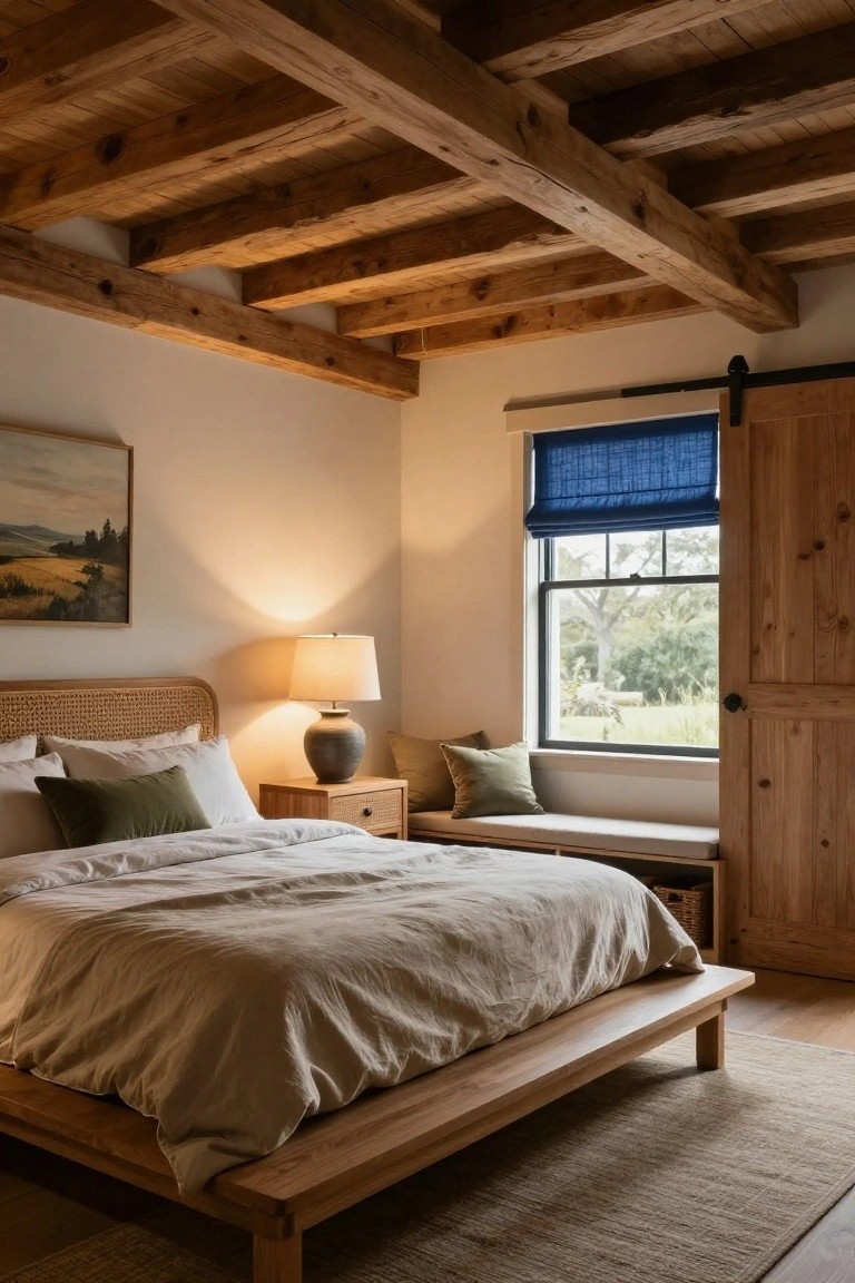 Bedroom interior with exposed wooden ceiling beams, wooden platform bed draped in beige linens and rattan headboard, wooden nightstand with ceramic lamp, landscape painting on wall, cushioned window seat, blue roman shade on window overlooking trees and grass.