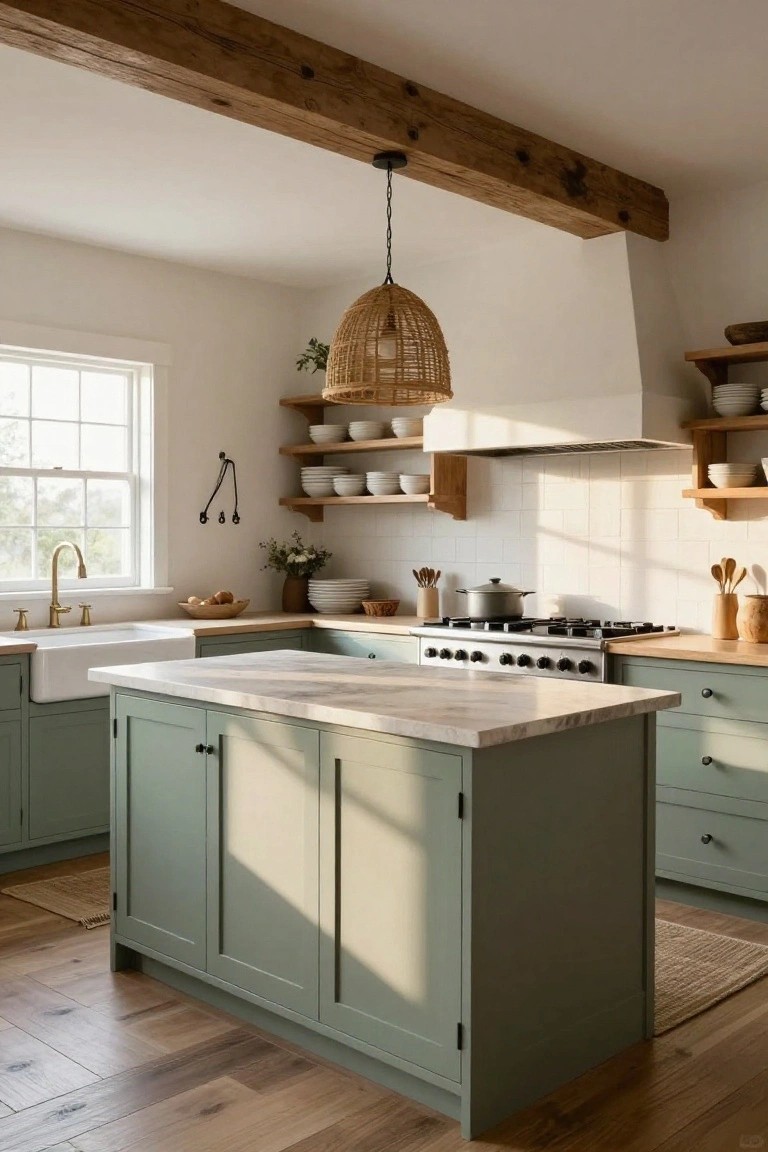 Kitchen interior with sage green shaker-style cabinets, white marble island and countertops, farmhouse sink, gas range with pots on stove, exposed wooden ceiling beams, rattan pendant light, open shelves with white dishes, and wooden accents.