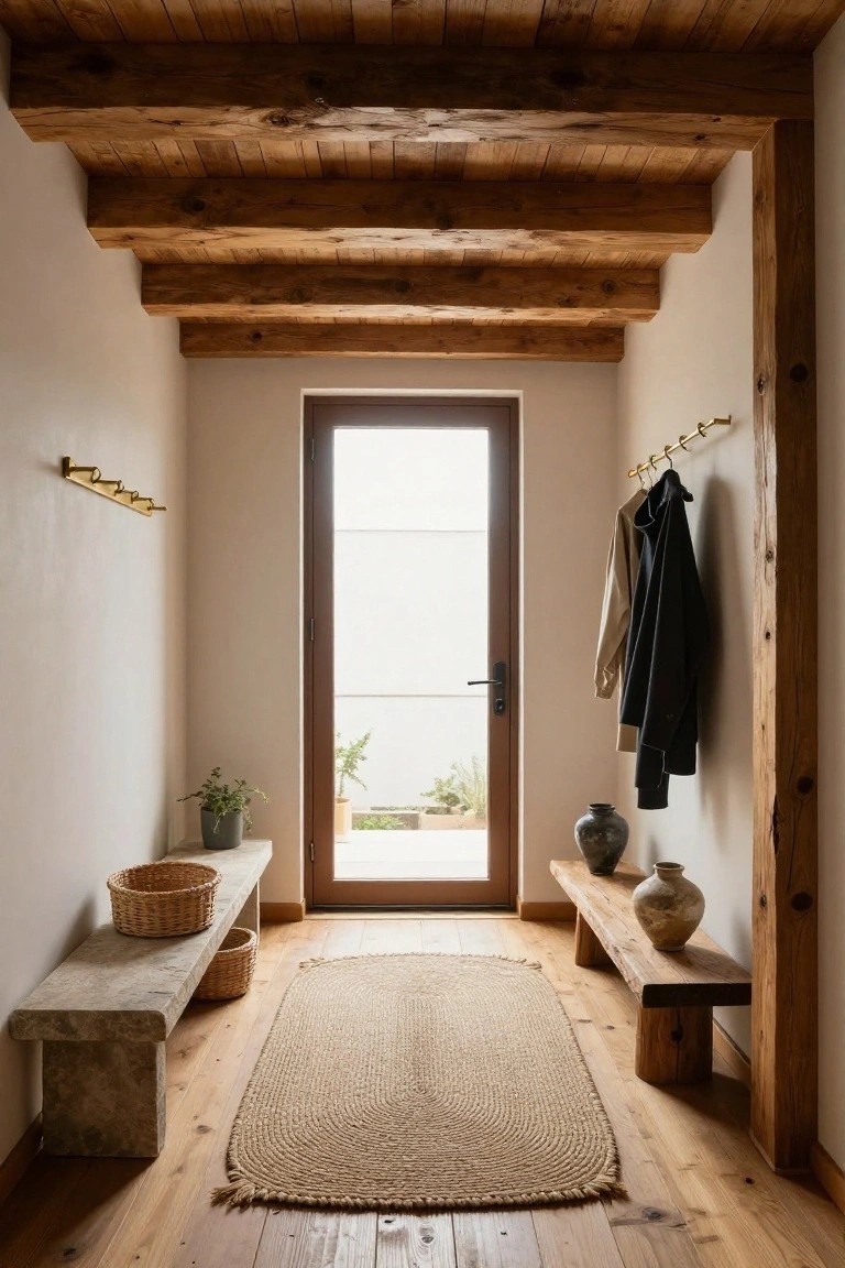 Narrow interior entry hall with exposed wooden beams on ceiling and walls, two stone benches holding woven baskets and pottery, gold hooks with hanging coats and jackets, beige rug on wood floor, and open glass door to outdoors.