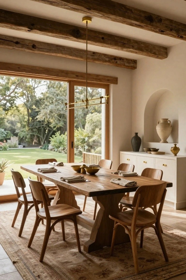 Dining room featuring exposed wooden ceiling beams, a long wooden trestle table with matching chairs, white cabinetry with gold handles, arched niche with pottery, and large wooden-framed glass doors opening to a lush garden view.
