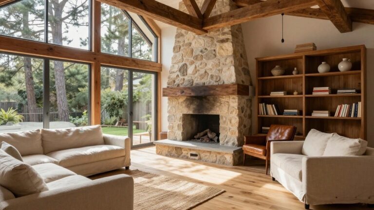 17 Fresh Timber Frame Architecture Ideas That Showcase Natural Beauty Living room interior with vaulted ceiling of exposed wooden beams, tall stone fireplace centered on one wall, two facing cream-colored sofas on light wood floors, wooden bookshelves on either side, and large black-framed windows showing trees outside.