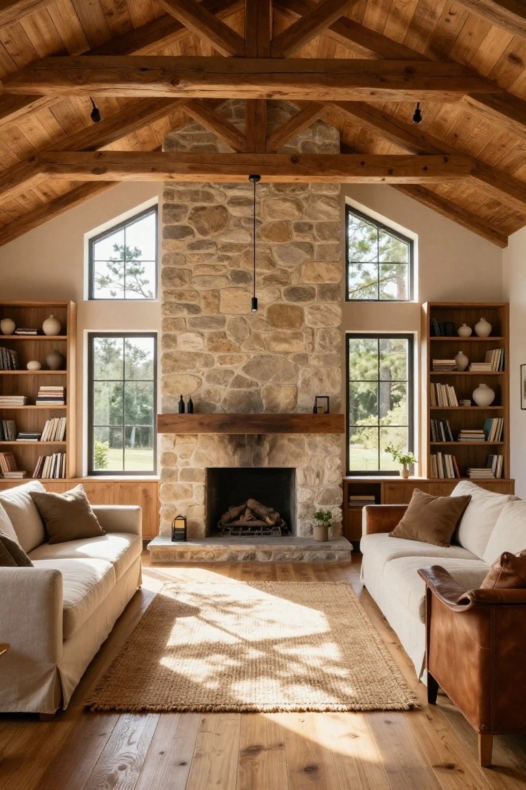 Living room interior with vaulted ceiling of exposed wooden beams, tall stone fireplace centered on one wall, two facing cream-colored sofas on light wood floors, wooden bookshelves on either side, and large black-framed windows showing trees outside.