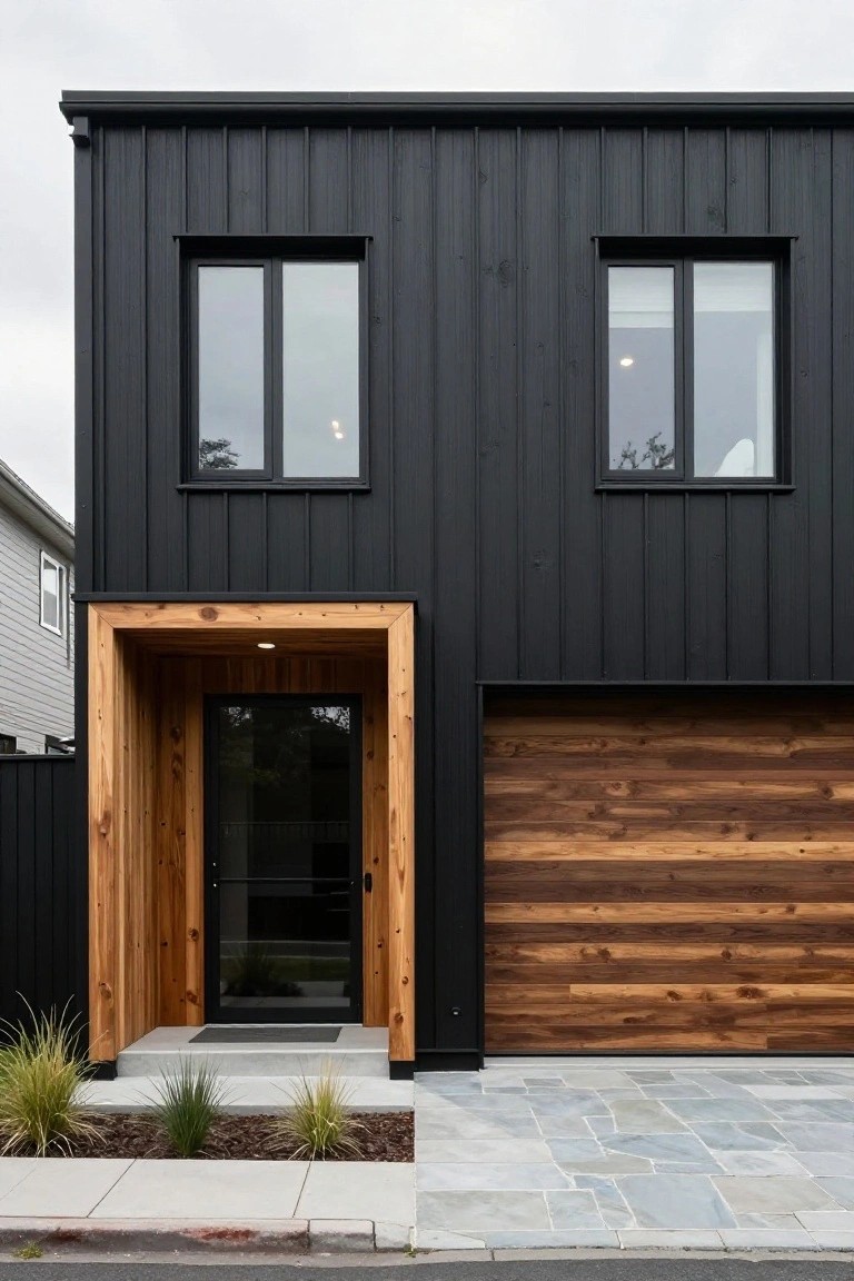 Front view of a modern two-story house with black vertical timber cladding, recessed wooden entry portal with glass door, horizontal timber garage door, concrete path, and low grasses in front.