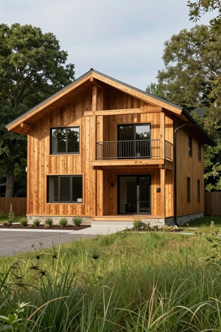 Two-story timber frame house with vertical wood siding, exposed beams, black-framed windows and doors, second-floor balcony, and covered entry porch amid trees and grass.