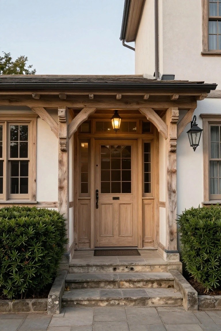 House exterior showing a covered timber-framed porch with oak double doors, wall-mounted lanterns, stone steps leading to a doormat, flanked by boxwood shrubs, against beige stucco walls.