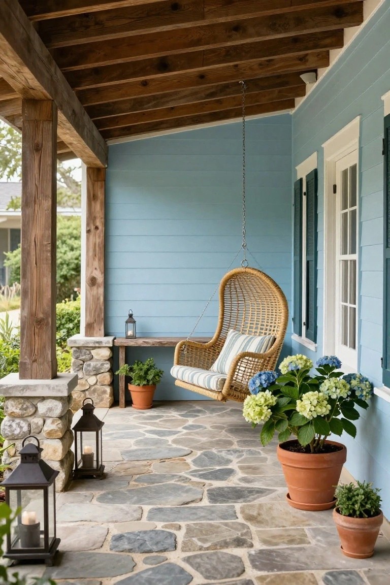Blue clapboard house with exposed timber beam porch, hanging wicker swing chair with cushions, stone paver flooring, lanterns, and potted hydrangeas and herbs.