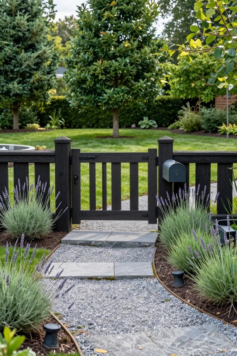 Black wooden picket gate with posts in a garden, bordered by lavender and ornamental grasses along a gravel path with stone steps leading to a lawn area.