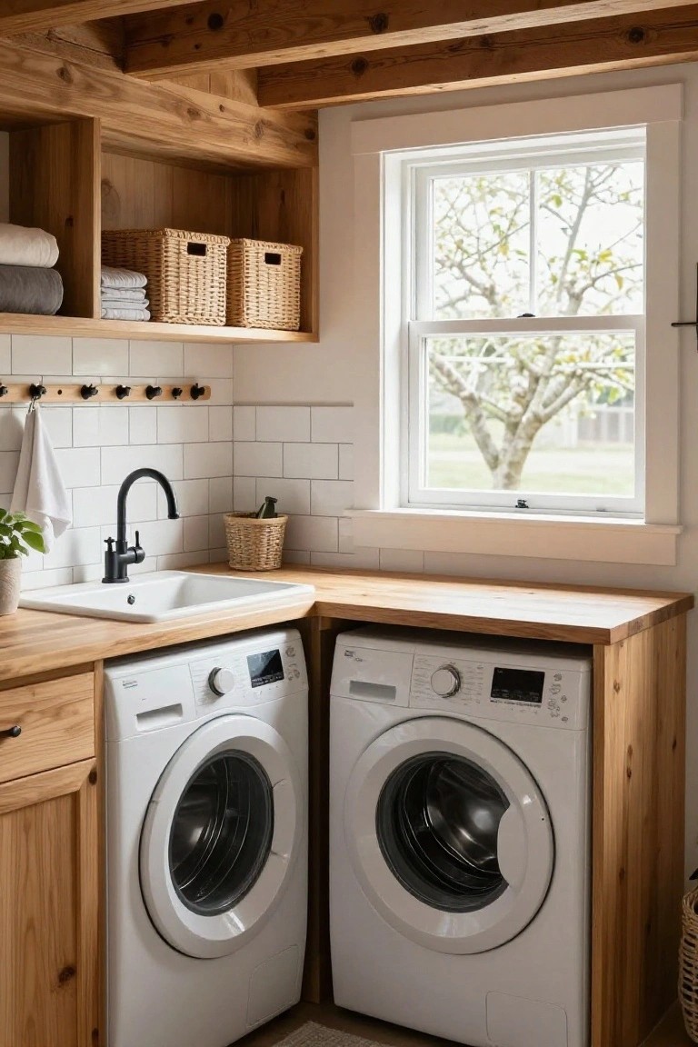 Cozy interior laundry room with exposed wooden ceiling beams, wooden cabinets around two white front-loading washers and dryer, white sink on wood countertop, white subway tile backsplash, hanging towels, baskets, and window viewing trees outside.