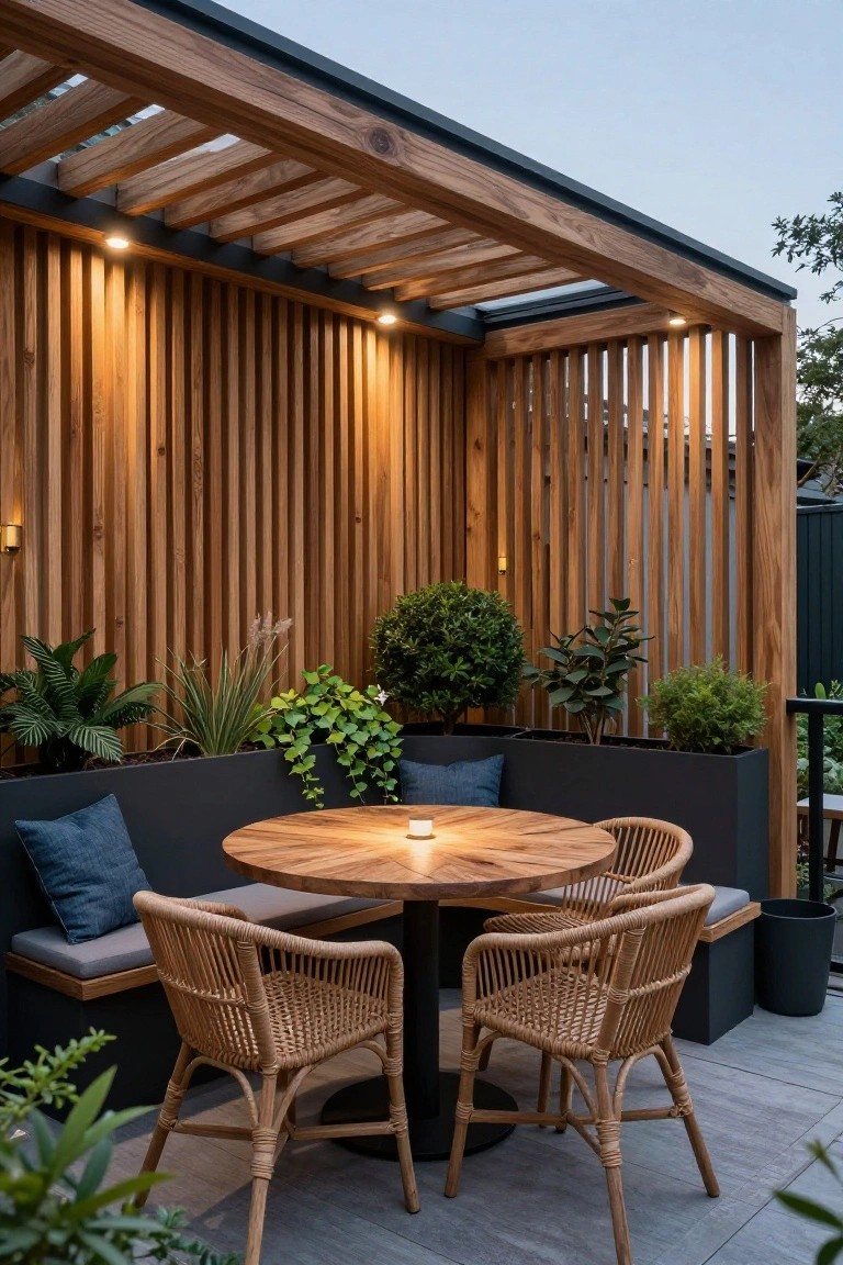 Slatted timber pergola sheltering an L-shaped built-in bench with cushions, round wooden table with candle, two rattan armchairs, potted plants, and wall lights on a paved patio.