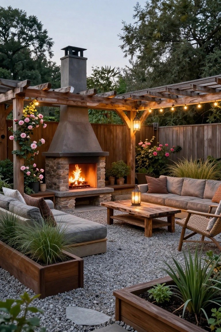 Wooden pergola-covered backyard patio with gravel floor, built-in stone fireplace, L-shaped gray sofa, wooden coffee table, potted plants, climbing roses, string lights, lanterns, and surrounding wooden fence and greenery.