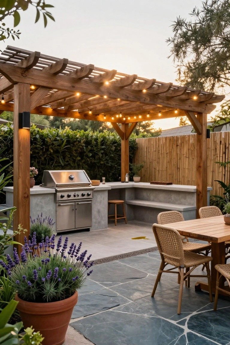 Wooden pergola with string lights covers an outdoor kitchen featuring a built-in stainless steel grill on a concrete counter, adjacent to a teak dining table with rattan chairs on a slate patio surrounded by lavender plants and bamboo fencing.