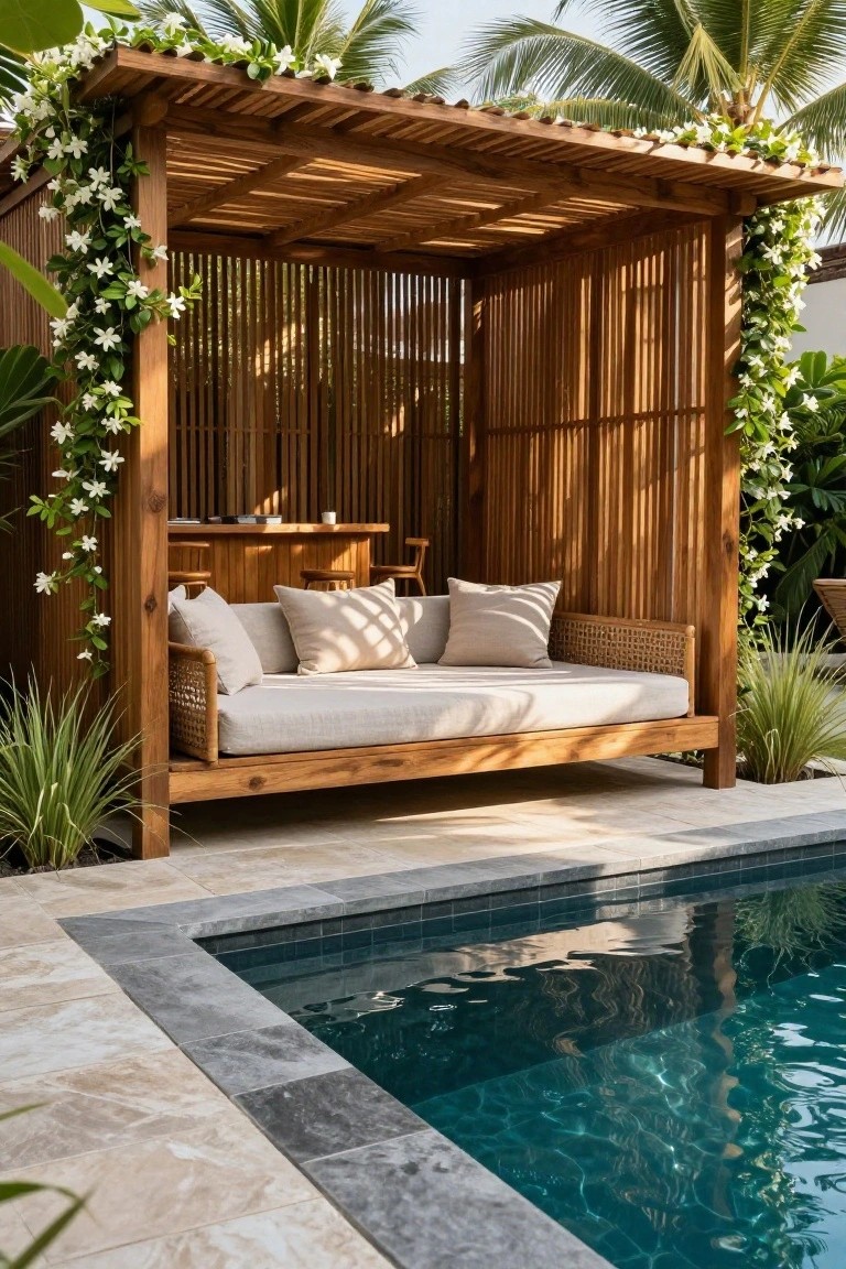 Wooden slatted pergola sheltering a cushioned rattan daybed and bar stools next to a rectangular pool with gray tiled edges, surrounded by tropical plants and climbing white flowers.