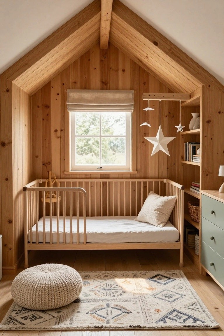 Cozy attic nursery with pine-paneled walls and sloped wooden ceiling, wooden crib next to window with roman shade, hanging paper mobiles, bookshelf, dresser, and woven pouf on patterned rug.
