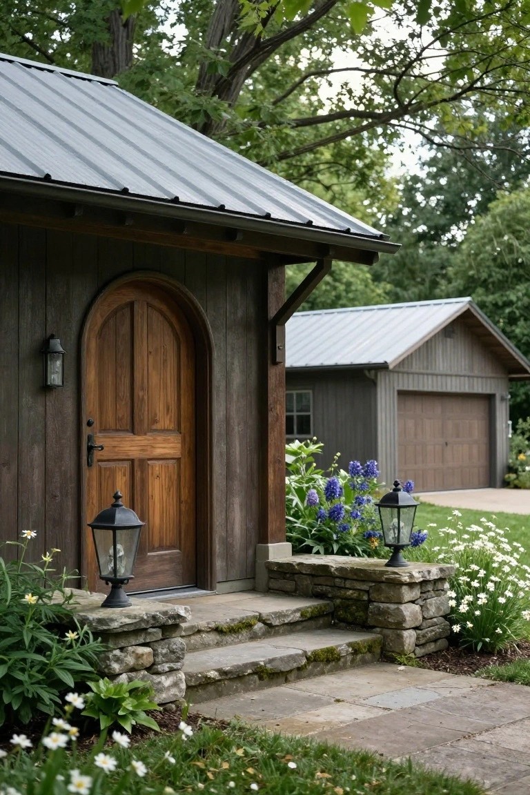 Dark-stained wooden chalet-style building with tall arched wooden entry door, flanked by stone lanterns and steps amid white flowers and blue delphiniums, adjacent to gray garage under trees.