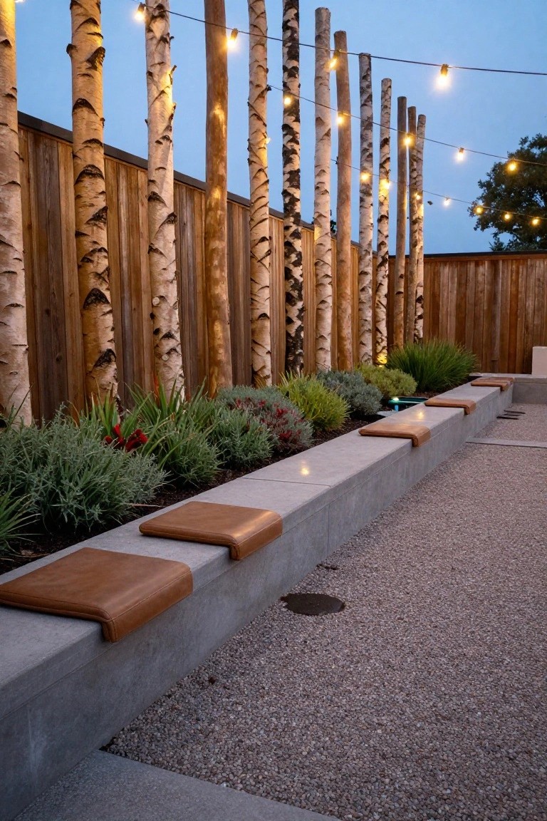Long concrete bench with brown leather cushions along a planted edge, backed by wooden fence with tall vertical birch poles strung with warm lights, gravel path in foreground at dusk.