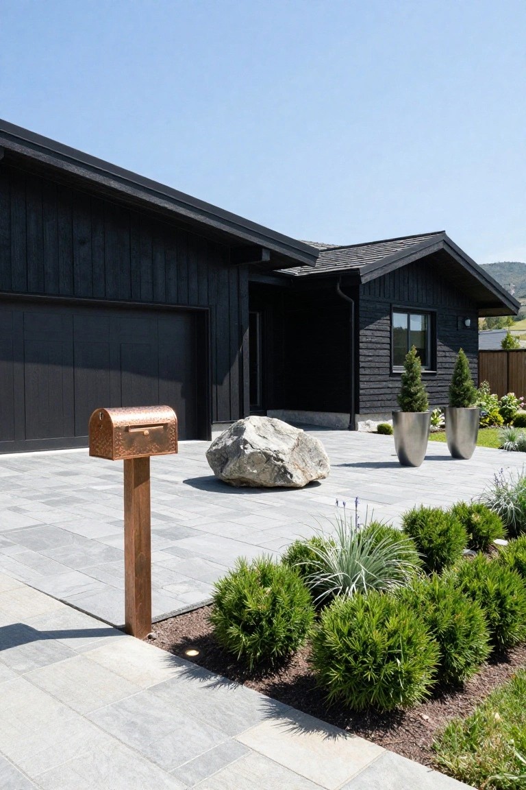 Black wooden chalet house exterior with sloped roof, dark garage door, copper mailbox on wooden post, large boulder, metal planters with conifers, low shrubs, and paved driveway area against blue sky and mountains.
