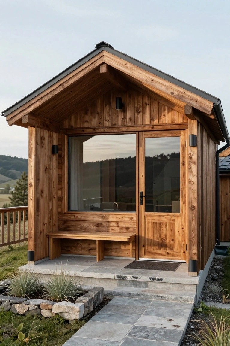 Small wooden chalet building with vertical plank siding, large glass double doors, side bench, stone steps, and low plants on a concrete pad amid hillside scenery.
