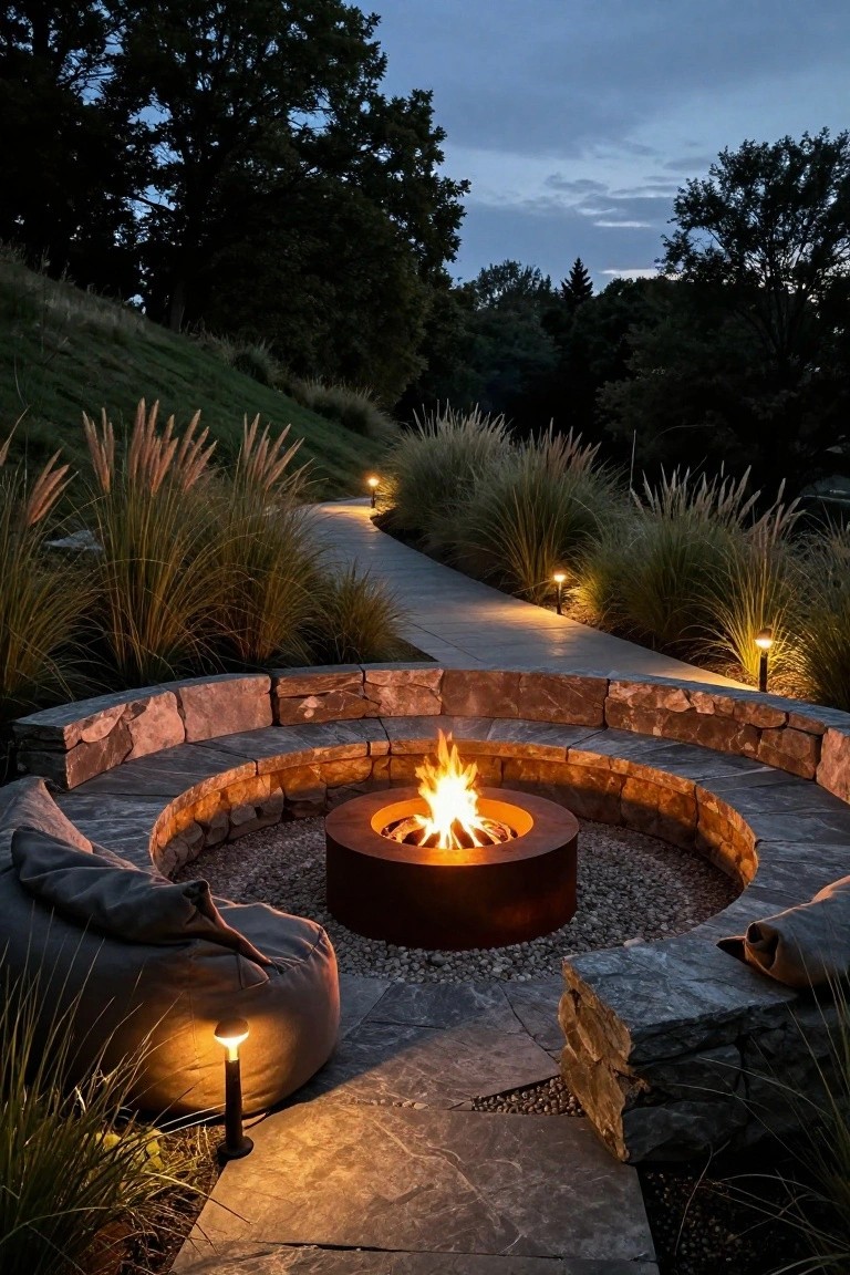 Circular corten steel fire pit in gravel surrounded by curved stone bench walls, with bean bag chairs, pathway lights, pampas grass, and trees on a sloped evening landscape.
