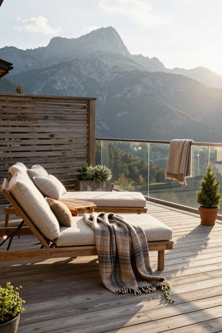 Wooden balcony deck with two cushioned loungers draped in beige blankets and pillows, a slatted wooden privacy screen, potted plants, and distant mountain views at sunset.