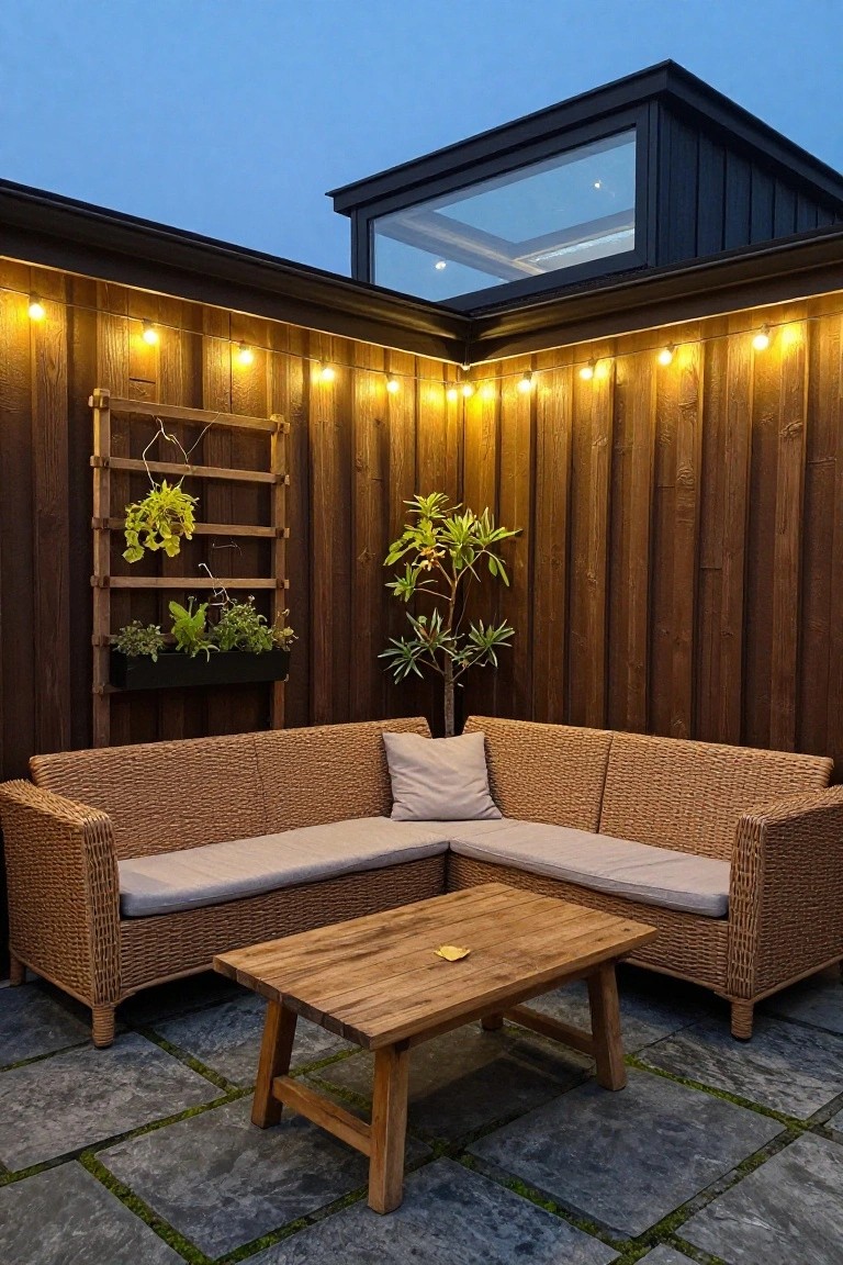 Wooden-walled outdoor patio featuring an L-shaped beige rattan sofa, low wooden coffee table, wall-mounted vertical planters with greenery, string lights overhead, and gray stone paver flooring.