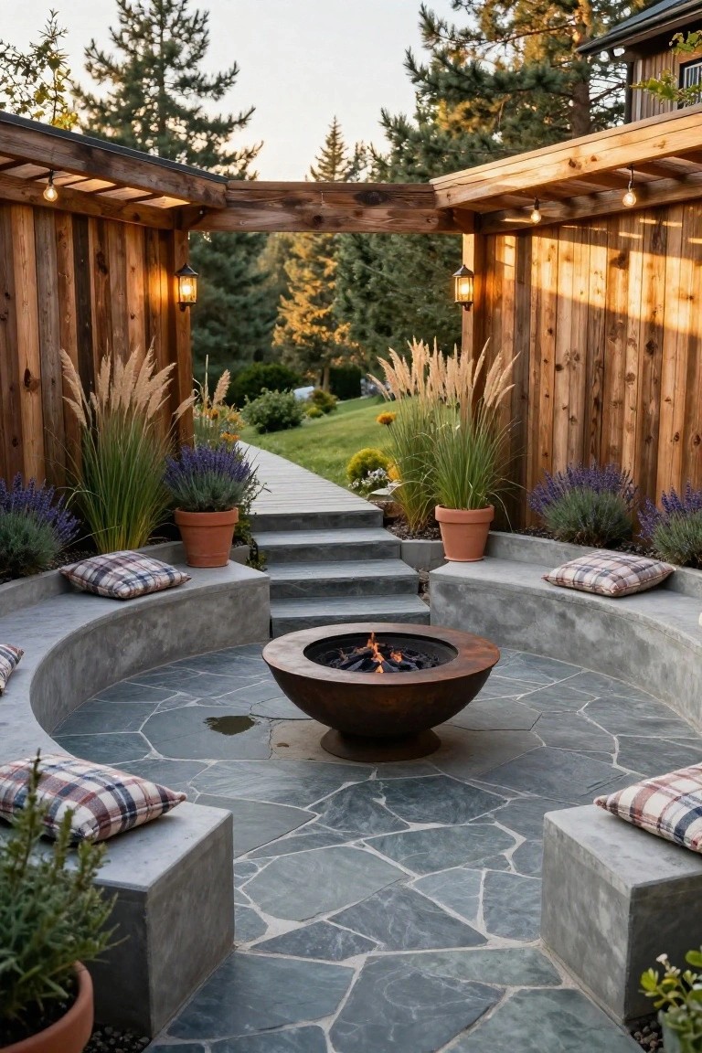 Curved concrete bench seating encircling a lit black metal fire pit on irregular slate tile pavers, with wooden pergola overhead, potted grasses and lavender plants, and steps leading down in a wooded backyard setting.