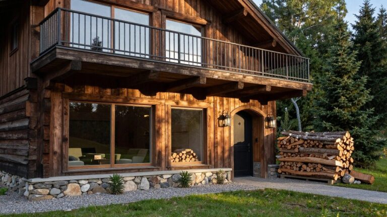 Wooden chalet exterior featuring a balcony upstairs, arched entry alcove stacked with firewood logs, black front door flanked by lanterns, gravel path, and surrounding grass and pine trees.