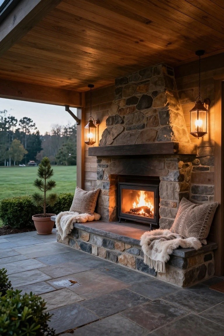 Covered wooden porch with tall stone outdoor fireplace, built-in benches with pillows and fur throws, hanging lanterns, potted pine tree and shrubs, slate tile floor, overlooking field and trees at dusk.
