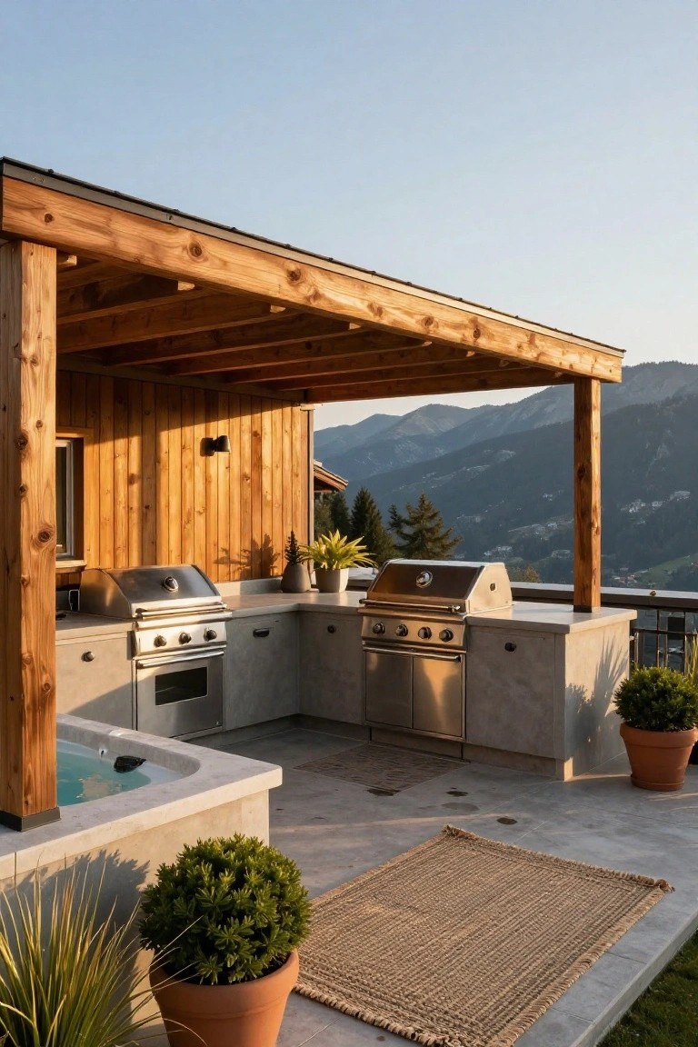 Wooden pergola covering L-shaped outdoor kitchen with two stainless steel grills, concrete counters and cabinets, adjacent hot tub, potted plants, seagrass rug, and mountain backdrop at dusk.