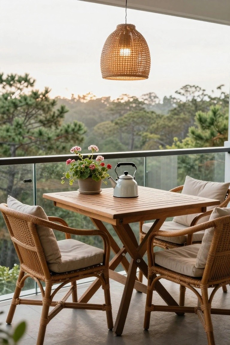 Wooden folding table and rattan chairs with cushions on a glass-railed balcony overlooking pine forest mountains, with a metal kettle, potted geraniums, and a hanging rattan lamp above.