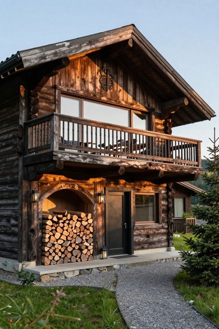 Wooden chalet exterior featuring a balcony upstairs, arched entry alcove stacked with firewood logs, black front door flanked by lanterns, gravel path, and surrounding grass and pine trees.