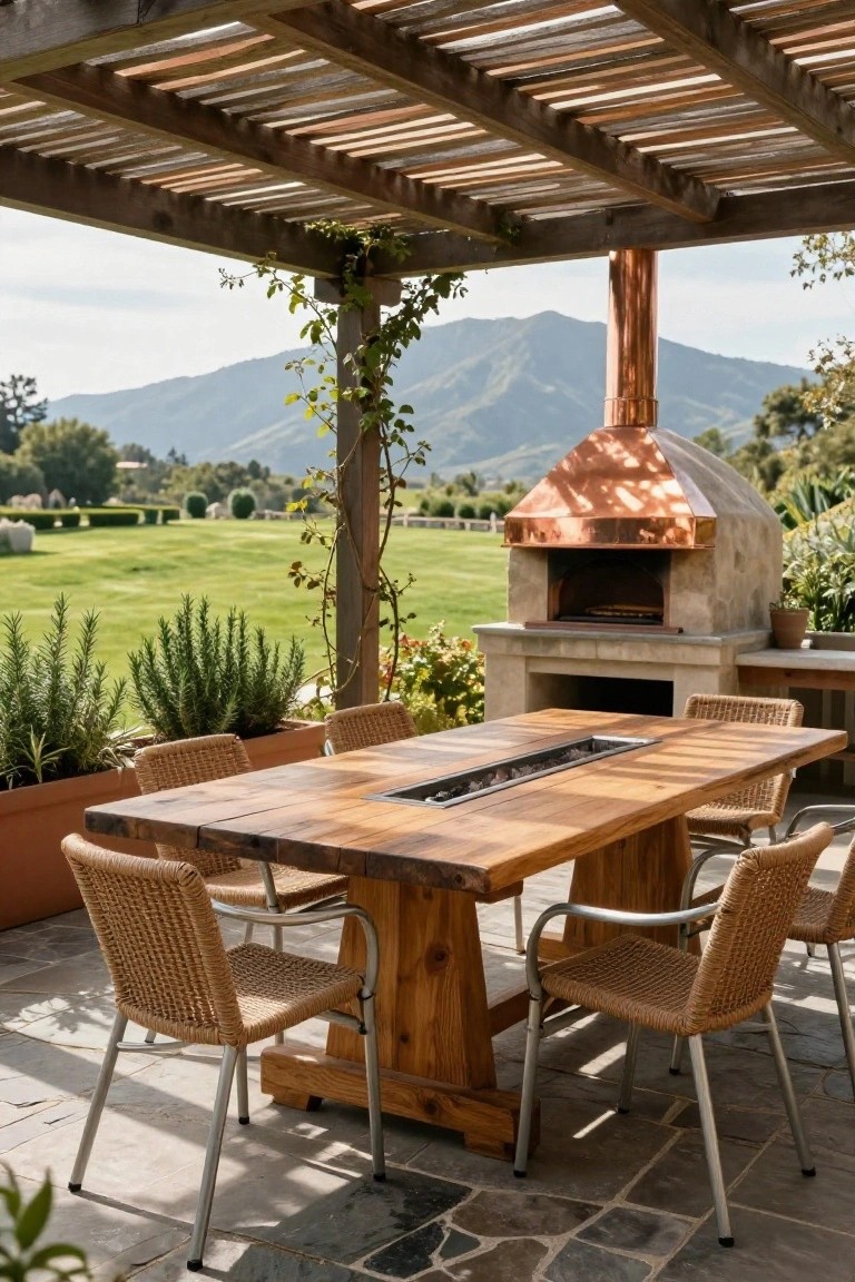 Outdoor terrace under wooden pergola with long wooden dining table featuring central linear fire insert, rattan chairs, potted herbs, stone wood-fired oven, and distant mountain views.