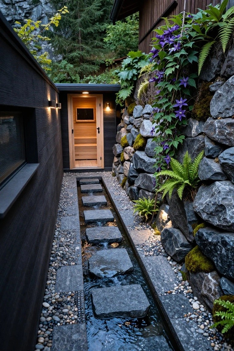 Narrow outdoor path of irregular gray stepping stones crossing a shallow flowing water channel, leading to an open wooden sauna door between a black exterior wall and a mossy stone wall with ferns and purple-flowered vines in a forested rocky setting.