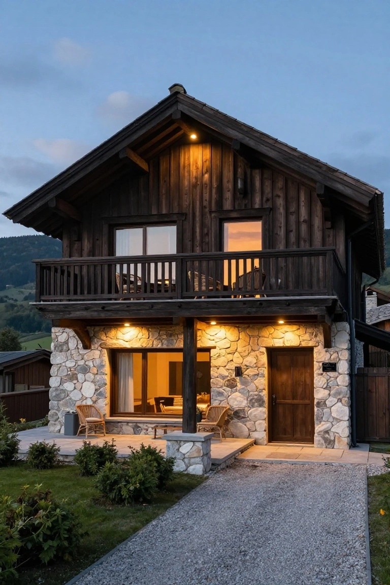 Two-story wooden chalet exterior with dark vertical wood siding, light pebble stone base and entry area, balcony with chairs, and gravel driveway in front of grassy yard at dusk.