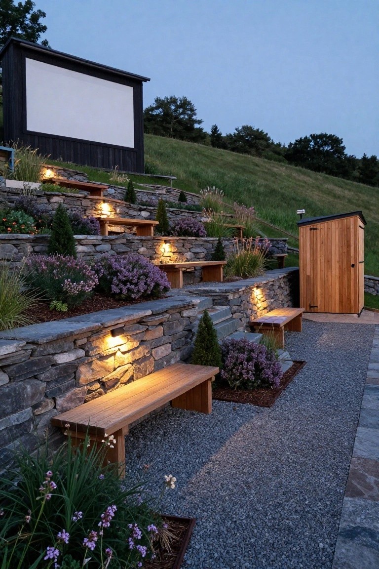 Terraced hillside with multiple rows of wooden benches facing a large blank outdoor screen structure, surrounded by stone walls, plants, gravel paths, low lighting, and a small wooden shed.