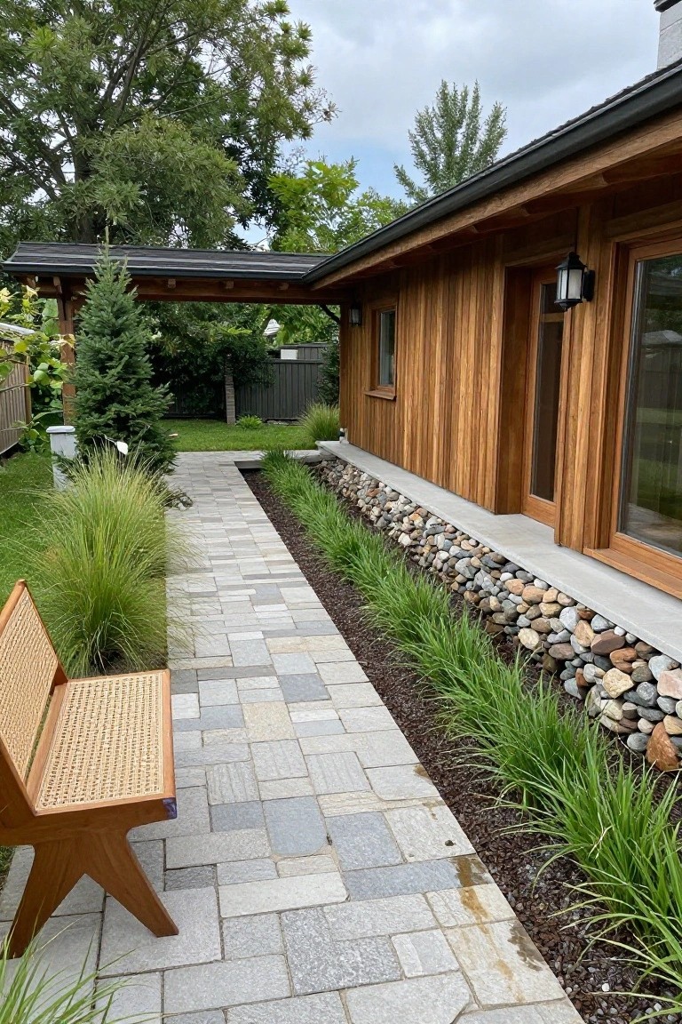 Wooden chalet exterior featuring vertical cedar plank siding on beige concrete base topped with river rocks, gray stone paver pathway bordered by tall ornamental grasses, rattan bench nearby, trees and shrubs in a backyard setting.