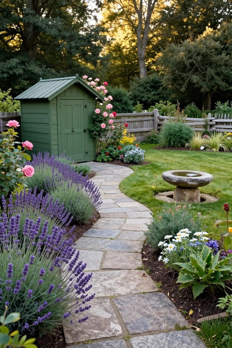Curved flagstone path winds through a lush garden with lavender borders, pink roses, and perennials, leading to a small green wooden garden shed, with a stone birdbath nearby and trees in the background.