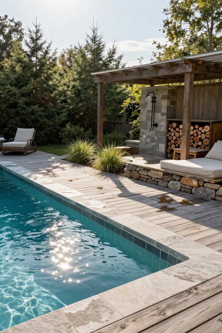 Turquoise pool with stone tile edging and wide wooden decking, including lounge chairs, an outdoor shower on a stone wall, firewood storage, and surrounding trees and grasses.