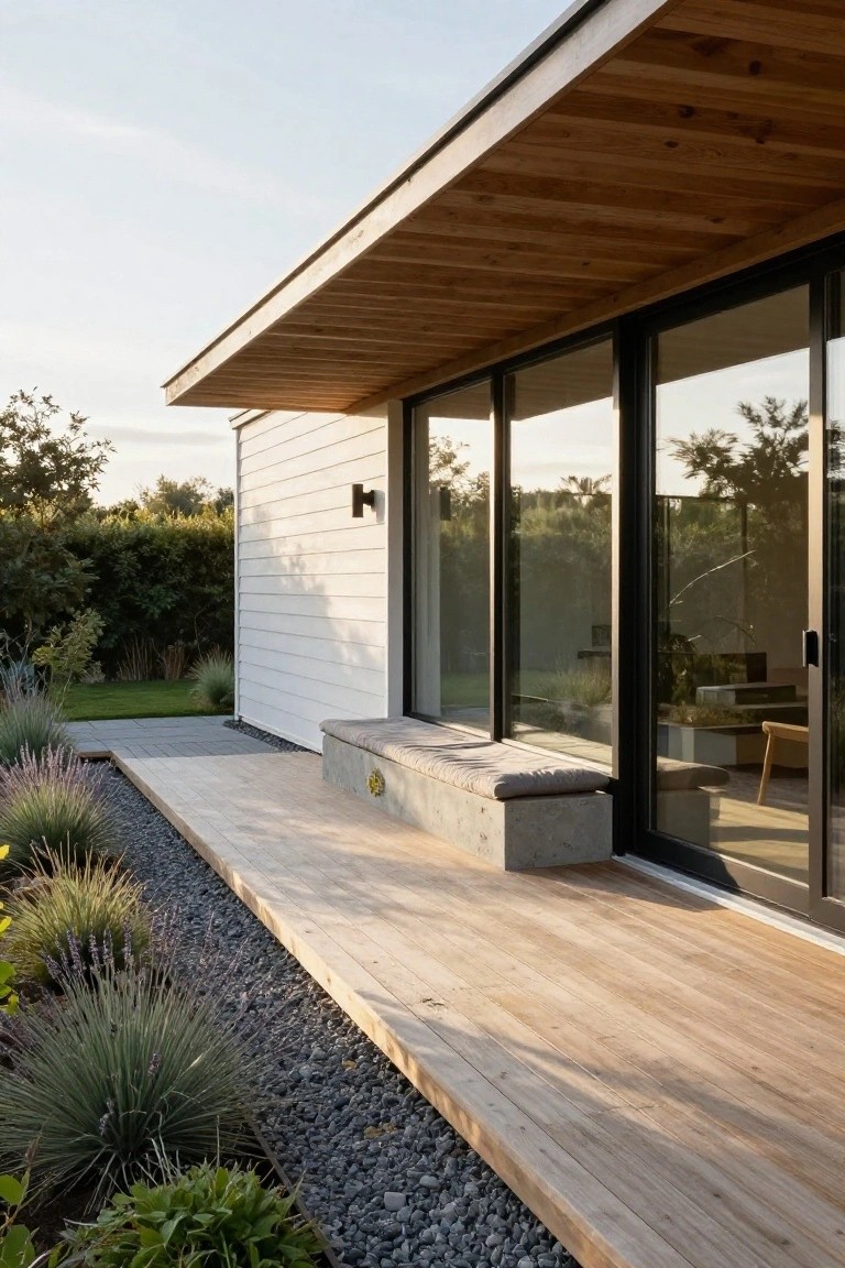 Side exterior view of a modern white wooden house with overhanging wooden roof, black-framed sliding glass doors, wooden deck extending from the house, concrete built-in bench with cushion on the deck, gravel border with plants, and greenery in the background.