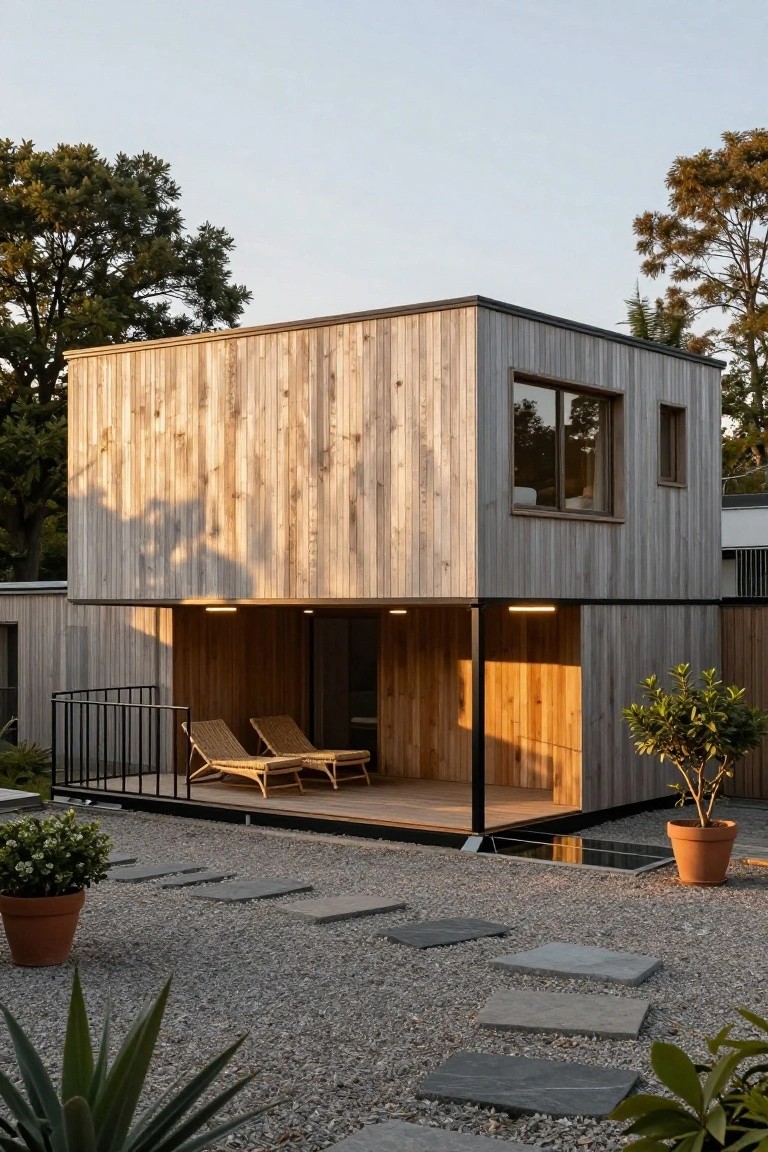 Modern wooden house with vertical plank cladding cantilevering over an elevated wooden deck furnished with two woven lounging chairs, black metal supports and railing, gravel ground cover with stone path stepping stones and potted plants, trees in background.