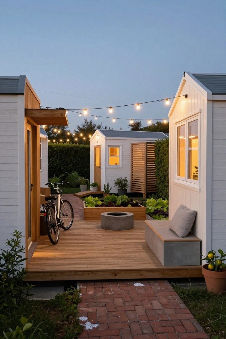 Two small white wooden prefab cabins flanking a wooden deck at dusk, with central concrete fire pit, built-in bench, raised garden beds, bicycle, string lights overhead, plants, and brick path.