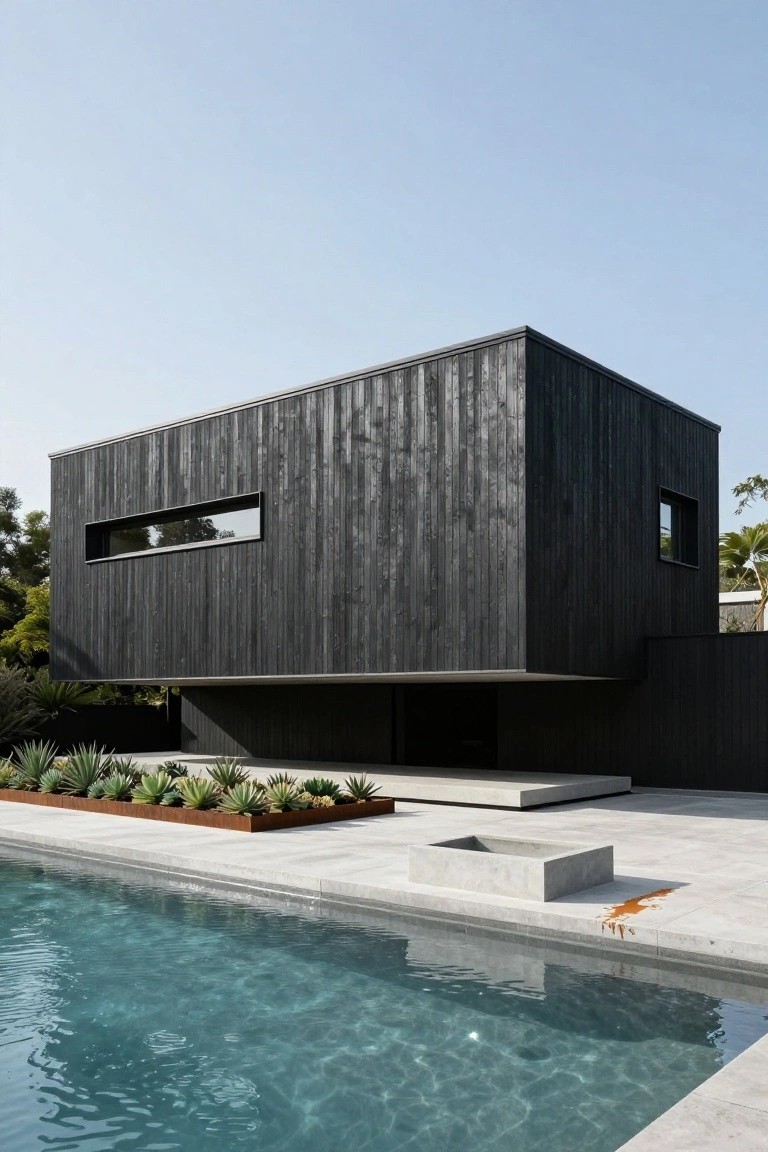 Modern black charred wood house exterior with vertical siding, narrow slit windows, elevated cantilevered section above a rectangular swimming pool, agave plants in a raised metal-edged bed, and a concrete box on a light stone patio.